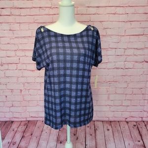 NWT Blue Plaid Cold Shoulder Top